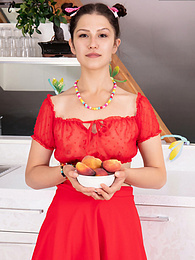 Find-Best-Babes.com presents: Slim teen girl poses in sexy red outfit and takes it off to present her tits, ass and pussy