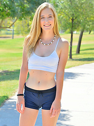 Find-Best-Babes.com presents: Sporty blonde babe Dakota strips her clothes and flaunts her hot body outdoors