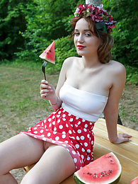 Find-Best-Babes.com presents: Nice belarusian stunner Rokki removes all clothes on a blanket in a backyard