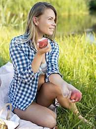 Find-Best-Babes.com presents: Skinny blonde Paulina gets naked on a blanket in a field of wheat
